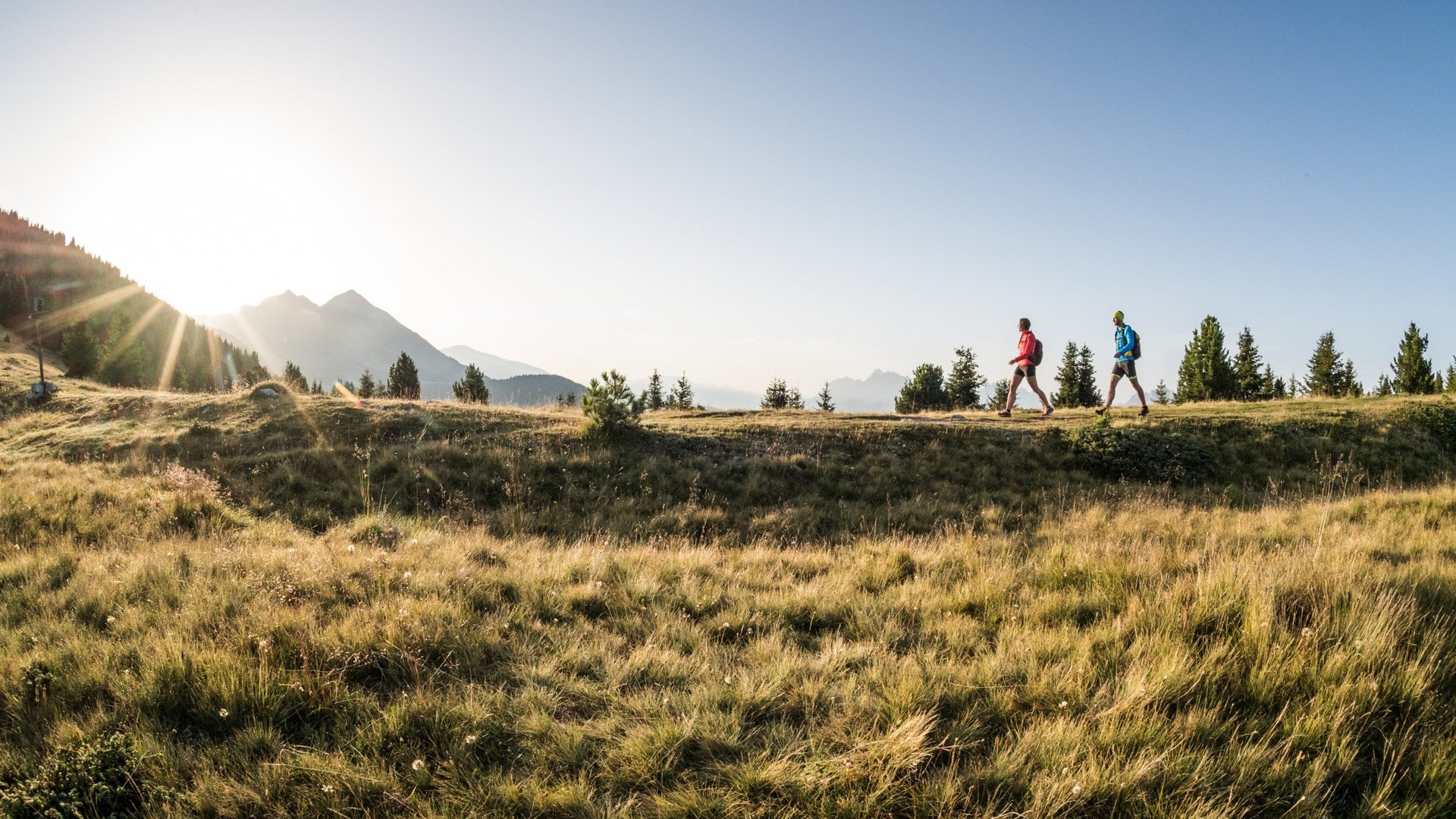 Alpen Tesitin, our hiking hotel in Val Pusteria/Pustertal Two hikers walking at sunrise on a grassy mountain trail