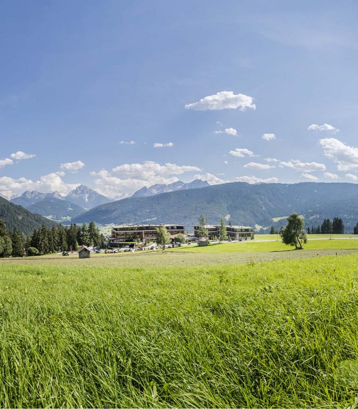 Ihr Hotel im Pustertal mit 5 Sternen: Alpen Tesitin Grüne Wiese mit Bäumen, Bergen und strahlendem Sonnenschein am blauen Himmel